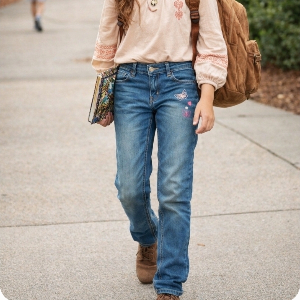 4/$15 Girls Sz 16 Entro Blue Straight Leg Jeans with Embroidery Stretchy